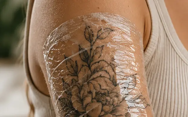 Svež tattoo zaščiten s prozorno zaščitno folijo